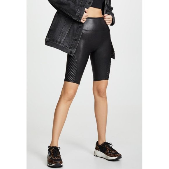 Spanx Faux Leather Moto Shorts Black High-Rise Shiny Edgy Motorcycle Bike Long M